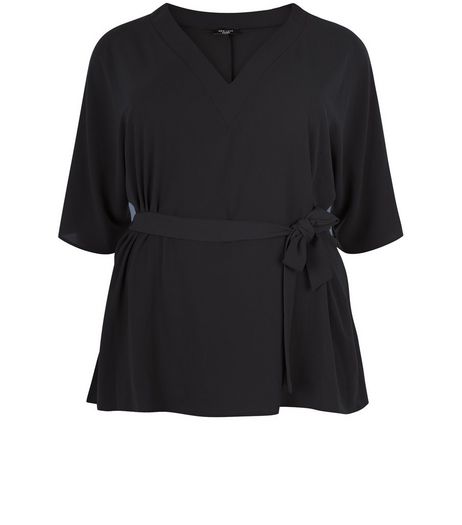 Curves Black Tie Waist Wide Sleeve Top | New Look