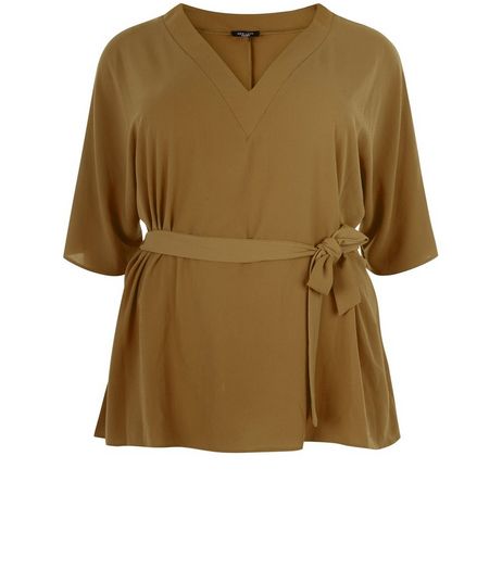 Curves Khaki Tie Waist Wide Sleeve Top | New Look