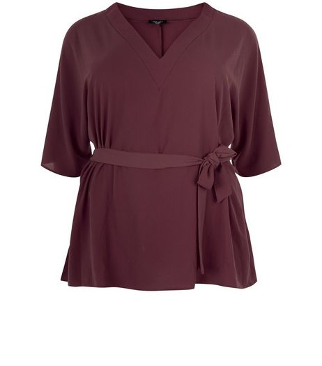 Curves Burgundy Tie Waist Wide Sleeve Top | New Look