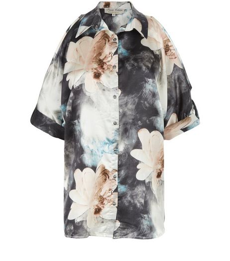 Parisian Blue Floral Print Satin Cold Shoulder Shirt | New Look