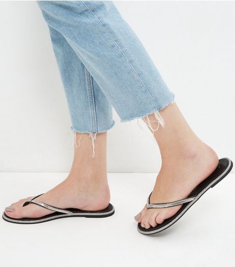 Black Embellished Trim Flip Flops | New Look