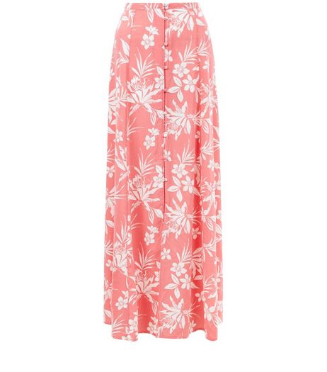 Pink Tropical Print Button Front Maxi Skirt | New Look