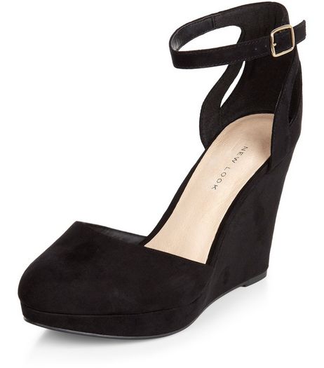 Wide Fit Black Comfort Suedette Ankle Strap Wedges | New Look