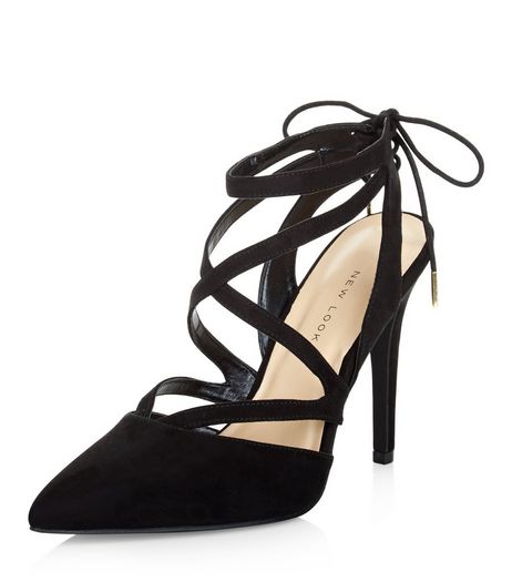 Wide Fit Black Suedette Multi Strap Pointed Heels | New Look