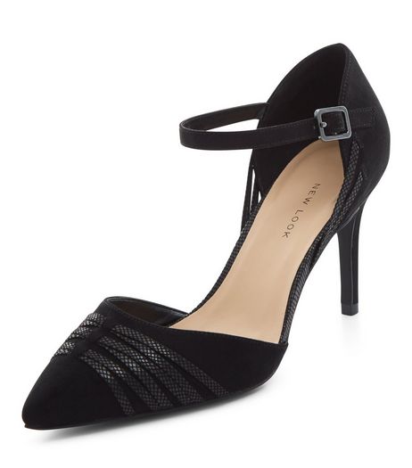 Wide Fit Black Suedette Cross Strap Pointed Heels | New Look