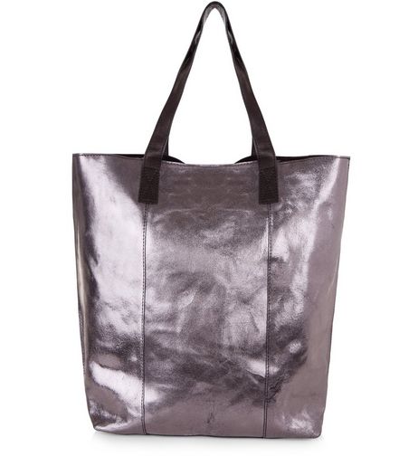 Pewter Leather Metallic Shopper Bag | New Look