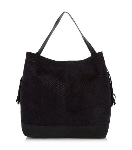 Black Premium Leather Textured Tassel Side Shoulder Bag | New Look