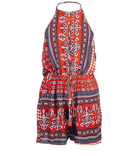 Parisian Red Tile Print Halter Neck Playsuit | New Look