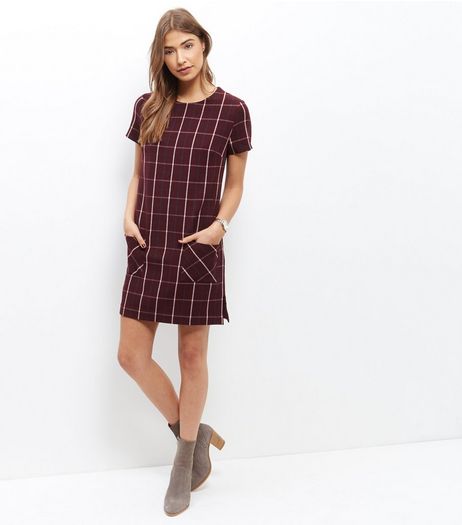 Burgundy Check Double Pocket Tunic Dress | New Look