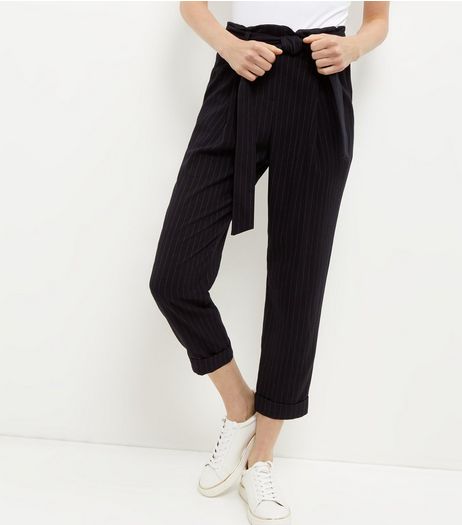 Navy Pinstripe Tie Waist Tapered Trousers | New Look