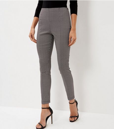 Black Geo Print Bengaline Slim Leg Trousers | New Look