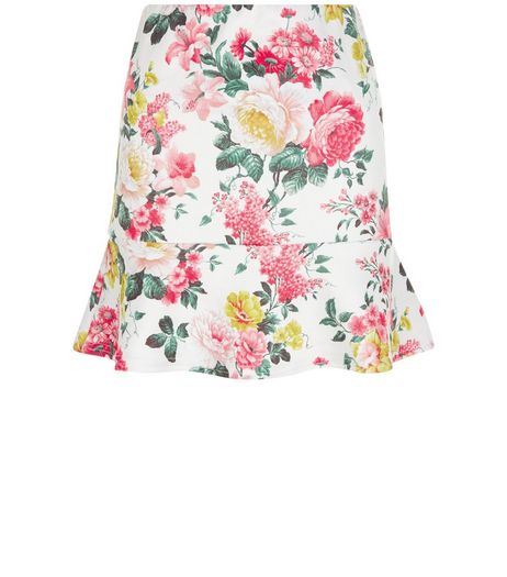 White Floral Print Peplum Hem Skirt | New Look
