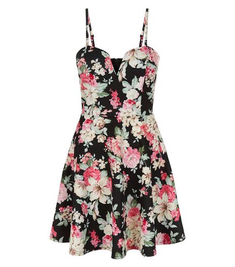 Black Floral Print Notch Neck Skater Dress | New Look