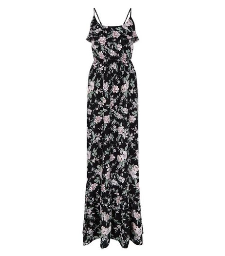 Black Floral Print Ruffle Trim Maxi Dress | New Look
