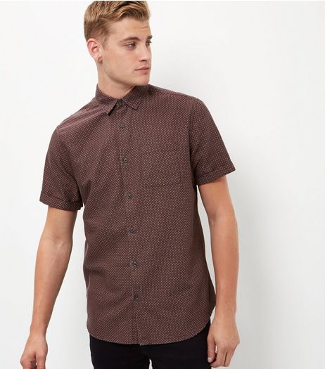 Burgundy Geo Print Single Pocket Short Sleeve Shirt | New Look