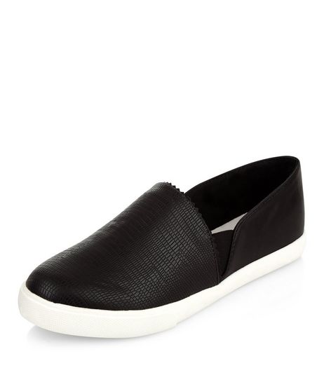 Wide Fit Black Textured Slip On Plimsolls | New Look