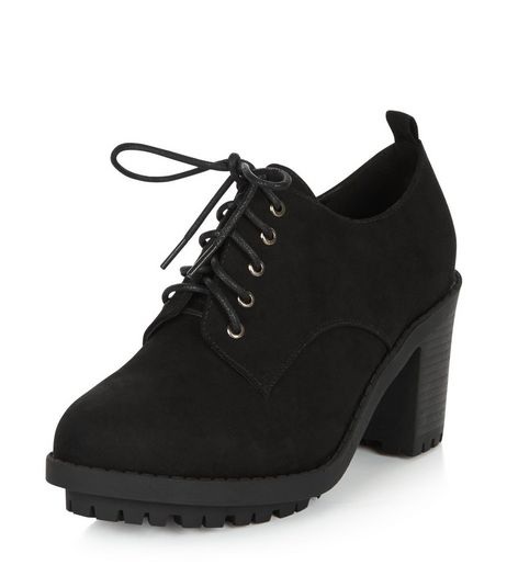 Wide Fit Black Lace Up Block Heel Shoe Boots | New Look