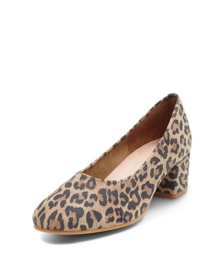 Camel Premium Leather Leopard Print Block Heels | New Look