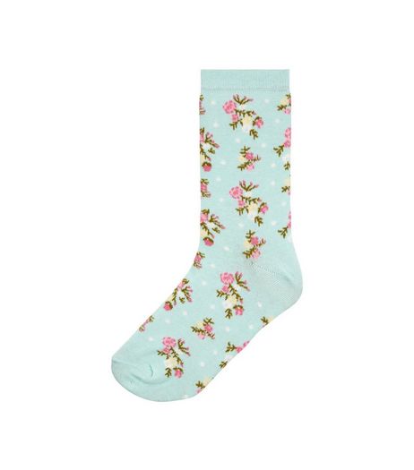 Mint Green Floral Print Socks | New Look