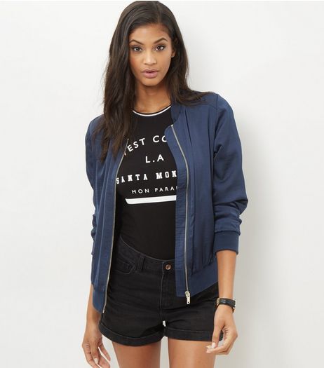 Navy Sateen Bomber Jacket | New Look
