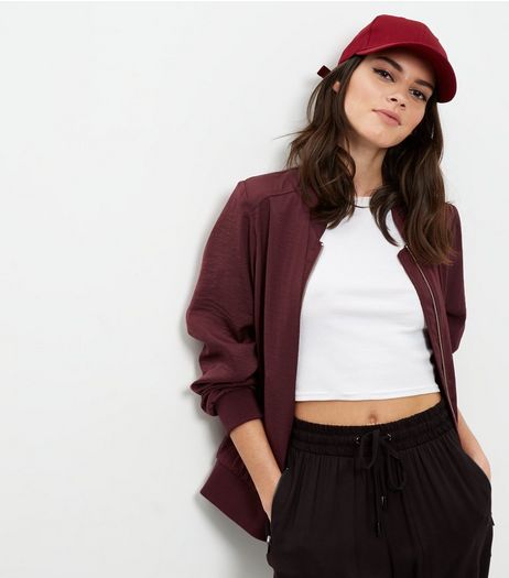 Burgundy Sateen Bomber Jacket | New Look