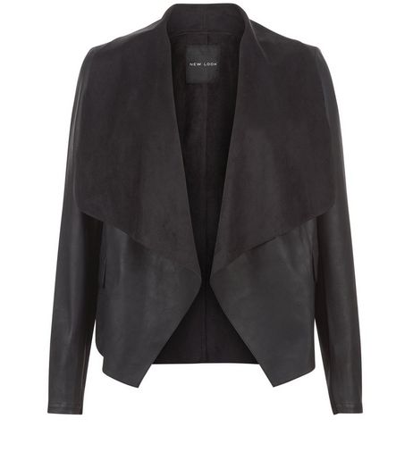 Black Leather-Look Suedette Panel Waterfall Jacket | New Look