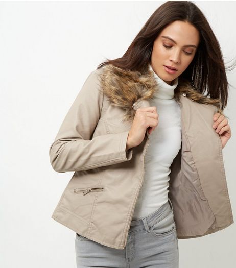 Mink Leather-Look Faux Fur Trim Jacket | New Look