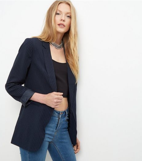 Navy Pinstripe Roll Sleeve Blazer | New Look