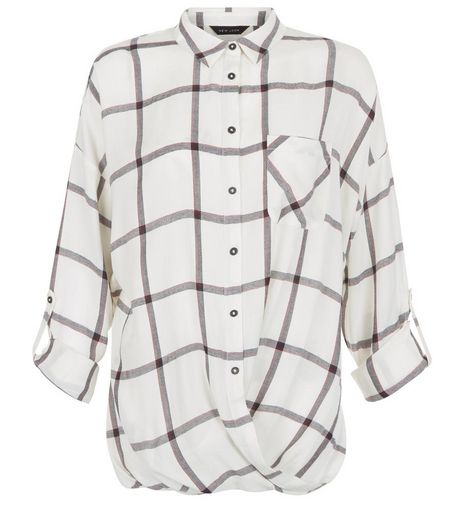 White Grid Check Wrap Front Roll Sleeve Shirt | New Look