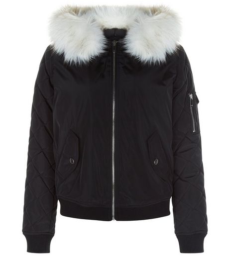 Teens Black Faux Fur Hooded Bomber Jacket | New Look