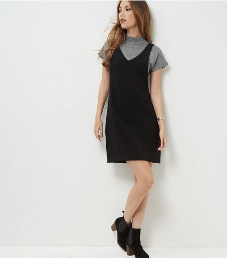 Tall Black Textured Pinafore Dress | New Look