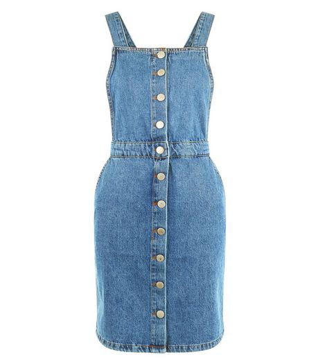 Tall Pale Blue Bleached Button Front Pinafore Dress | New Look