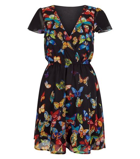 Mela Black Butterfly Print V Neck Dress | New Look