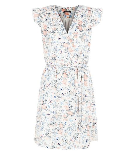 Cream Floral Bird Print Frill Sleeve Wrap Dress | New Look