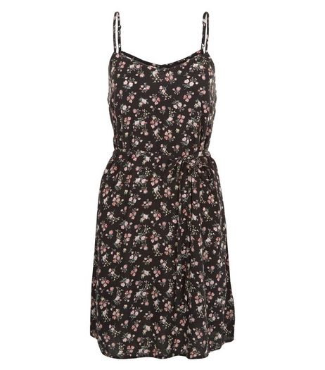 Black Floral Print Tie Waist Cami Dress | New Look