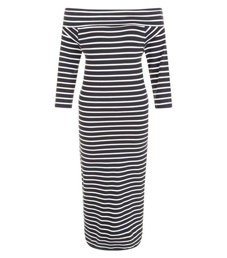 JDY Navy Stripe Bardot Neck Dress | New Look