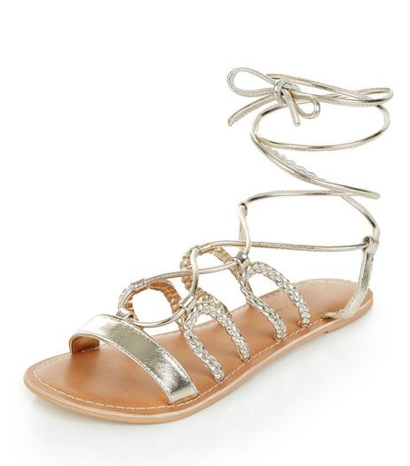 Wide Fit Gold Leather Plaited Ghillie Sandals | New Look