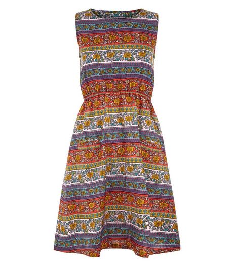 Mela Multicoloured Floral Stripe Print Dress | New Look