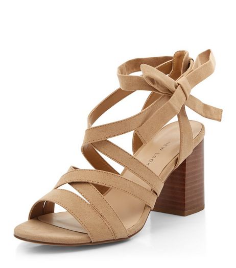 Wide Fit Camel Suedette Tie Side Block Heels | New Look
