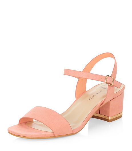 Wide Fit Coral Suede Metal Trim Mid Block Heel Sandals | New Look