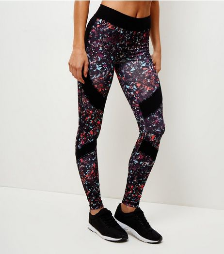 Red Abstract Print Contrast Panel Sports Leggings | New Look