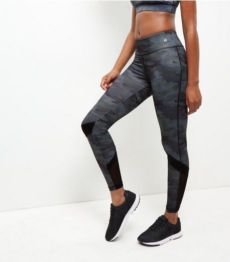 Green Camo Print Mesh Panel Sports Leggings | New Look