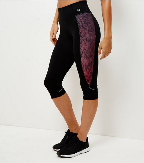 Black Snakeskin Print Panel Cropped Sports Leggings | New Look