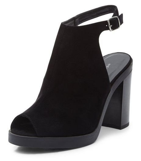 Black Suedette Peep Toe Sling Back Block Heels | New Look
