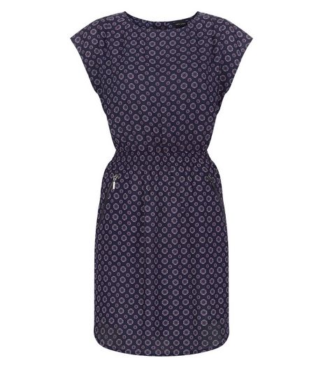 Blue Tile Print Shirred Waist Cap Sleeve Dress | New Look