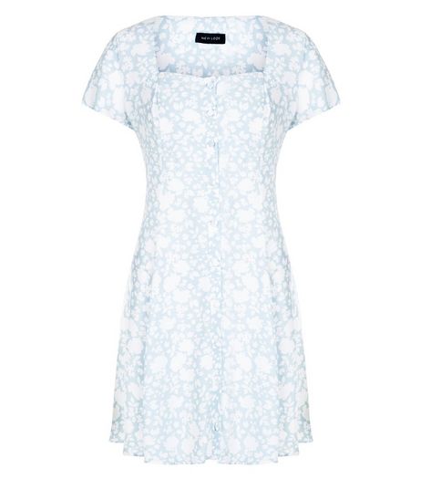 Light Blue Floral Print Button Front Skater Dress | New Look