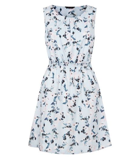 Blue Floral Print Shirred Waist Mini Dress | New Look