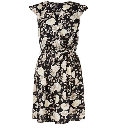 Black Floral Print Wrap Front Dress | New Look