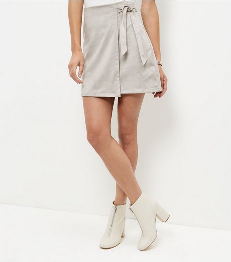 Mink Suedette Tie Wrap Front Mini Skirt | New Look