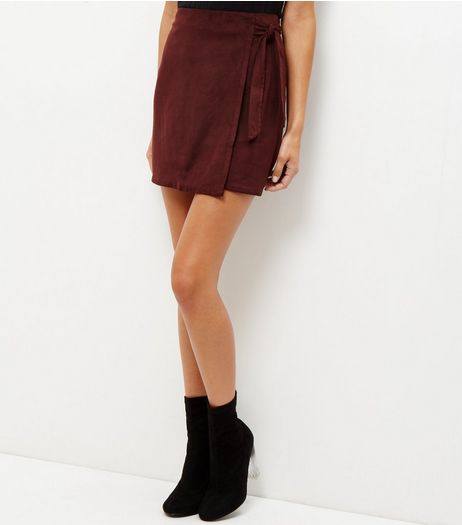 Burgundy Suedette Tie Wrap Front Mini Skirt | New Look